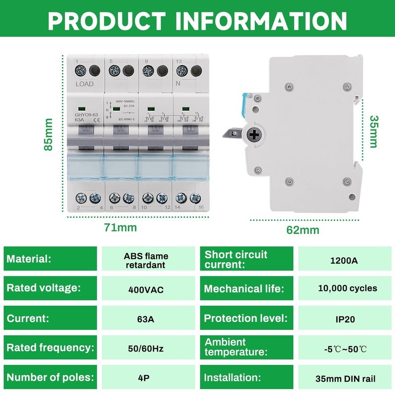Jadeshay Dual Power Transfer Switch,63A 230VAC Manual Transfer Switch Power
