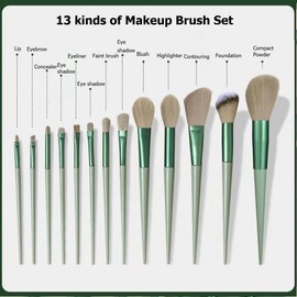 Makeup Brushes 13pcs Premium Synthetic Bristles Green Conical Handle Kabuki Foundation Brush Makeup Sets Professional Portable Flannel Bag, for Foundation, Face Powder,Easy to carry，Travel Kit