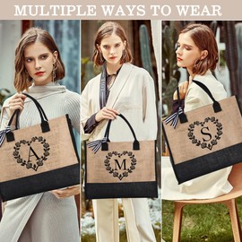 YOOLIFE Christmas Gifts for Mom, 2024 Top Christmas Gifts for Women Coworker Grandma Teacher Friend Sister Birthday Gifts Beach Bag for Women Monogram Jute Tote Bag Makeup Bag Travel Bag Letter T