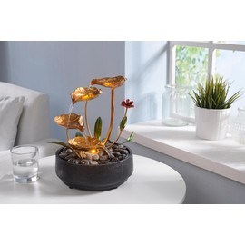 Tabletop Fountain Metal Lotus Circulating Fountain Water Feature for Zen Home Decor Warm Yellow Scene Light(23034)