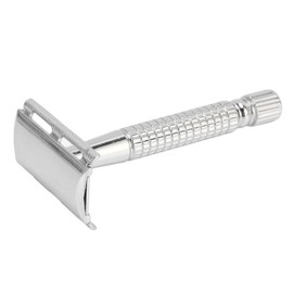 Long Handle Double Sided Shaving Tool Premium Metal Vintage Safety with Refill Blades Stand Cleaning Brush for Men Home Travel Grooming (Silver)