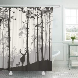 Semtomn Decorative Shower Curtain Silhouette of Pine Forest Family Deer and Birds Brown 66"x72" Waterproof Bathroom Shower Curtain Set with Hooks