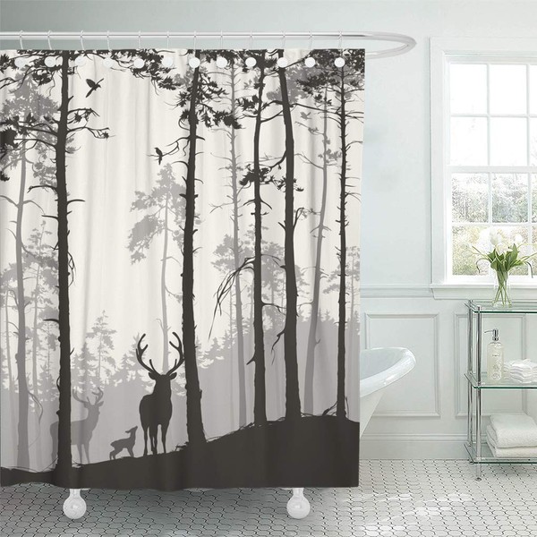 Semtomn Decorative Shower Curtain Silhouette of Pine Forest Family Deer