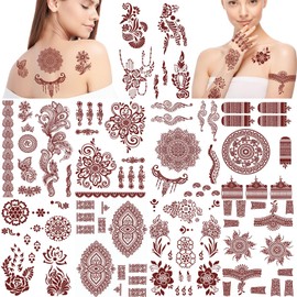 DPKOW 9 Sheets Brown Red Temporary Tattoos for Woman Girls Lotus Mandala Flower Temporary Tattoo Stickers Indian Lace Tattoos Eid Wedding for Hand Arm Body Art Waterproof Fake Temporary Tattoos