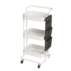 Merapi 3 Tier Metal Rolling Cart with Table Top, Lockable Wheels & Side Bags, Utility Cart for Teachers, Rolling Storage Cart, Art Craft Cart with 4 Hooks for Kitchen Bathroom Office Classroom White