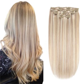 XDhair Clip-In Real Hair Clip-In Remy Hair Extensions Real Hair Dirty Blonde Highlights Bleach Blonde 50 cm 120 g Real Hair Extensions 6 Pieces (#18P613-20 Inches)