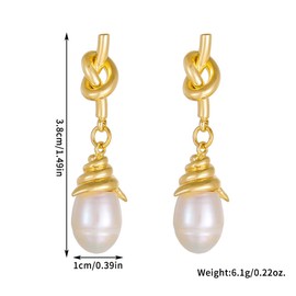 JaruJaru Pearl Drop Earrings, 18K Gold-Plated Sterling Silver Posts, Natural Freshwater Pearl, Modern Elegant Knot Design, Statement Jewellery
