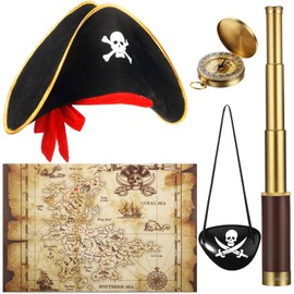 Sratte Telescopio Monocular de Pirata Sombrero Pirata Brújula de Bolsillo Mapa de Tesoro Disfraz de Capitán Pirata con Estampado de Calavera 5 Disfraces de Pirata Brújula para Niños Catalejo