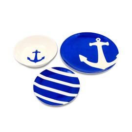 Camco Blue and White Nautical Design 12 Piece Dishware Set- Includes Marine Style Plates and Bowls | Perfect Boating, Sailing, Fishing, The Beach and More | Melamine Material -(41951)