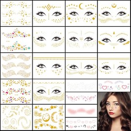 21 Sheets Women Glitter Freckles Face Tattoo Glitter Tattoos Kit Face Temporary Tattoos Stickers,for Women Girls Face Decoration Festival Makeup Accessories