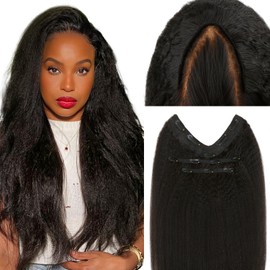 Lashey V Shape Invisible Clip in & Lace Clip in Hair Extensions Human Hair, 14 Inch 110g Set (1 V-Shaped + 2pcs Lace Clip ins), Natural Black Kinky Straight No Leave Out Hair Extension for Women