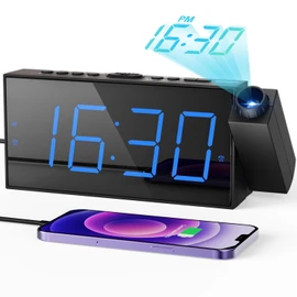 ROCAM Projection Alarm Clock, Projector Clock on Ceiling with USB Charge Port, Alarm Clock Projector for Bedroom with Dimmer, Loud Alarm Clock Bedside for Heavy Sleepers, Snooze