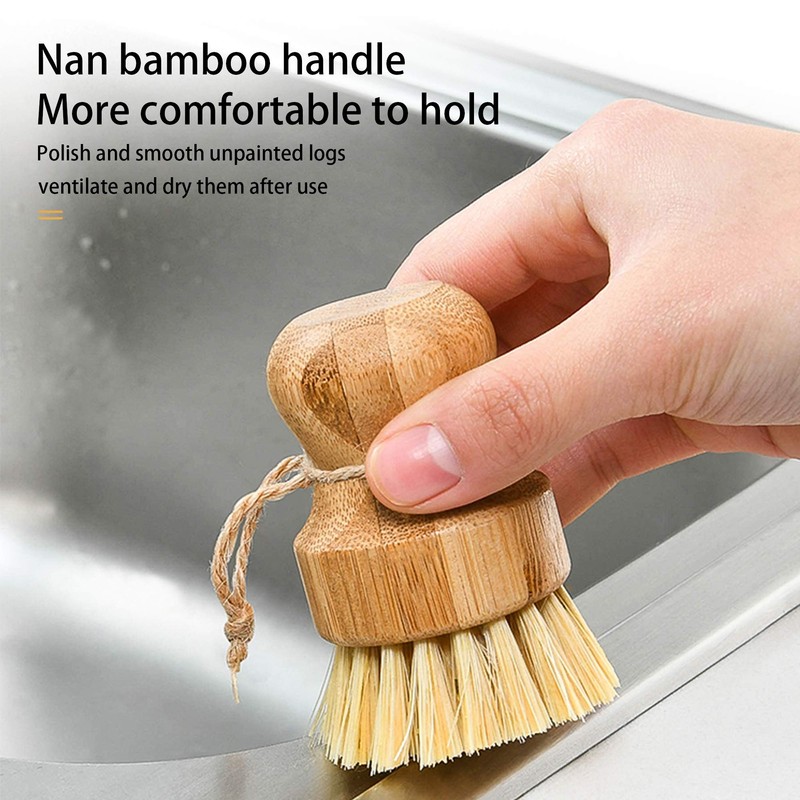 Natural Sisal Dish Washing Brush Bamboo Round Scrub Brush Pots