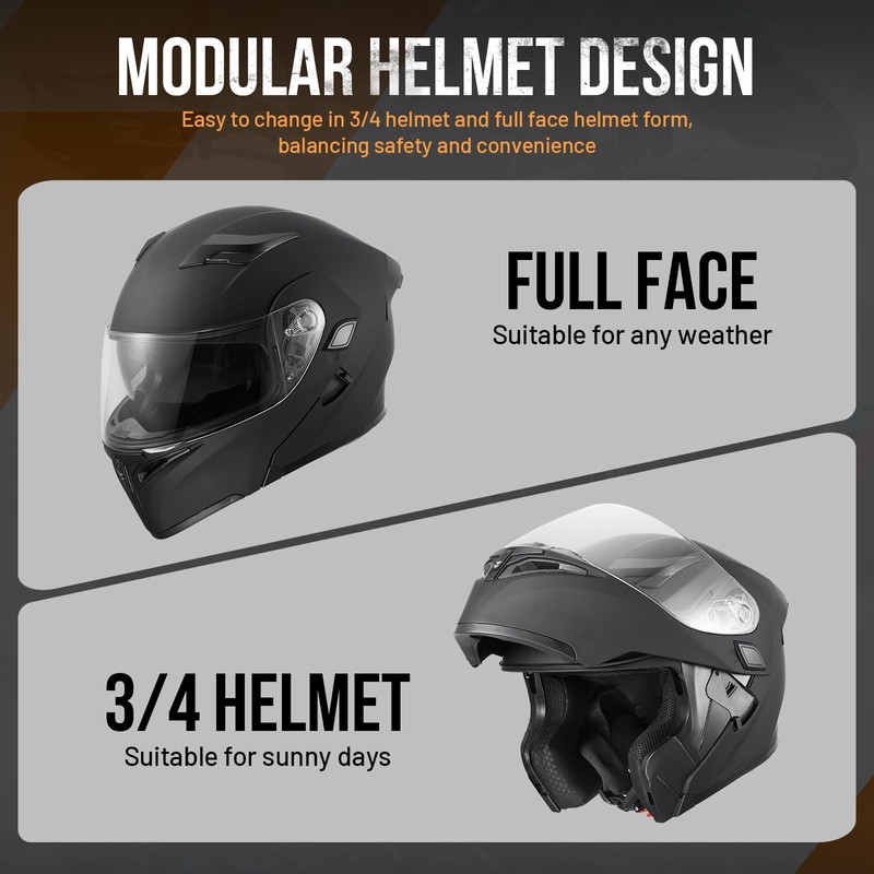 OUMURS DOT Motorcycle Full Face Helmet, Modular Flip-Up Dual Visor