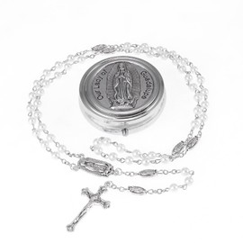 6mm Glass Pearl Beads Catholic Our Lady of Guadalupe Rosary Necklace for Women and Men with Virgin Mary Center Piece and Crucifix with Metal Gift Box
