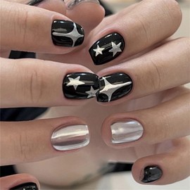 Black Press on Nails Short Square Fake Nails with Silver Star Design Stick on Nails Glossy Independence False Nails Full Cover Reusable Acrylic Glue on Nails for Women Nails Art Decoration 24Pcs