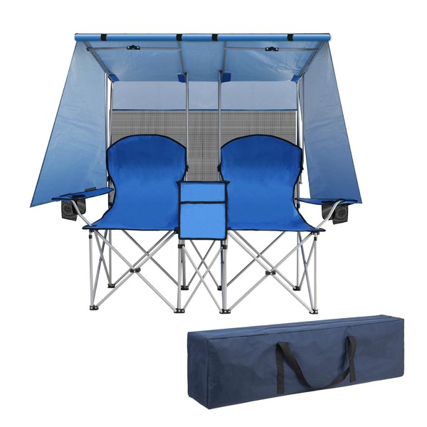 ptlsy Double Camping Chair with Canopy, Folding Two-Person Seat, Portable