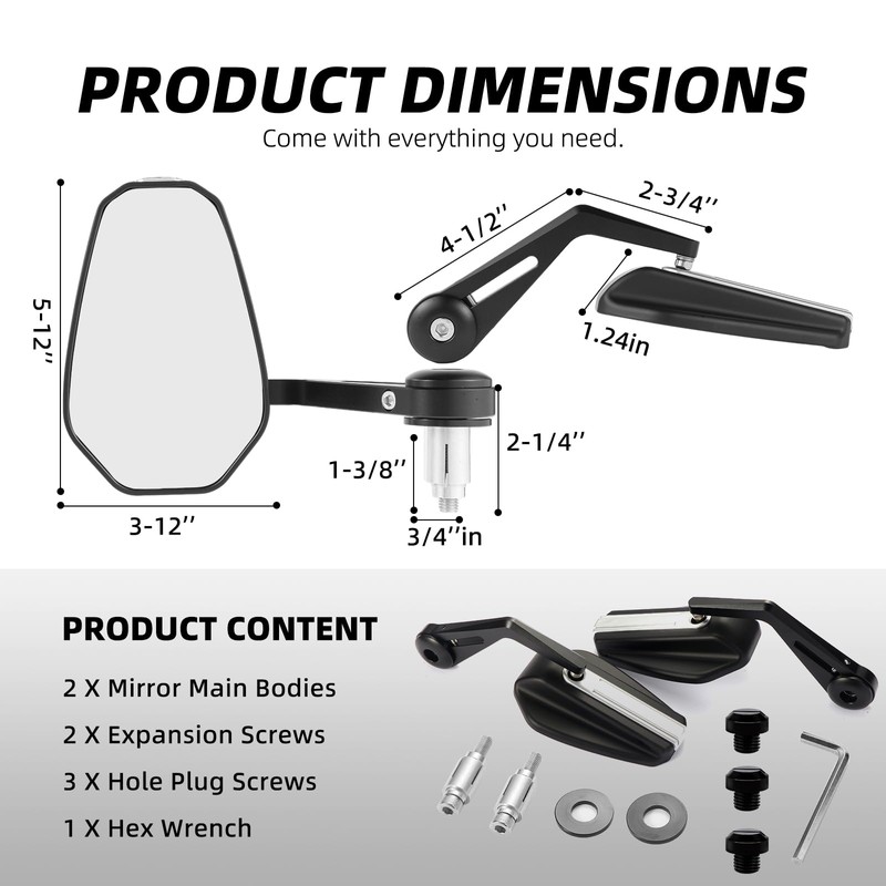 Motorcycle Mirrors for Handlebars - 5" Large 7/8" CNC Bar