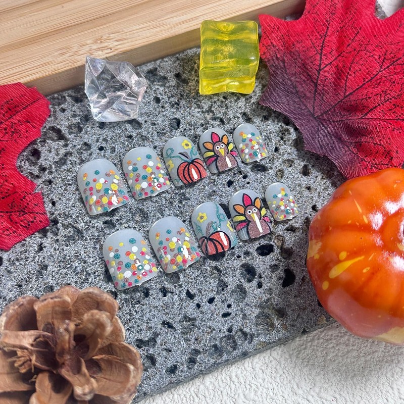 24pcs Fall Press on Nails Short Square Thanksgiving Day Fake