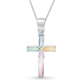 AeraVida Iridescent Cross of Faith Stone and Shell .925 Sterling Silver Necklace, 18 inch