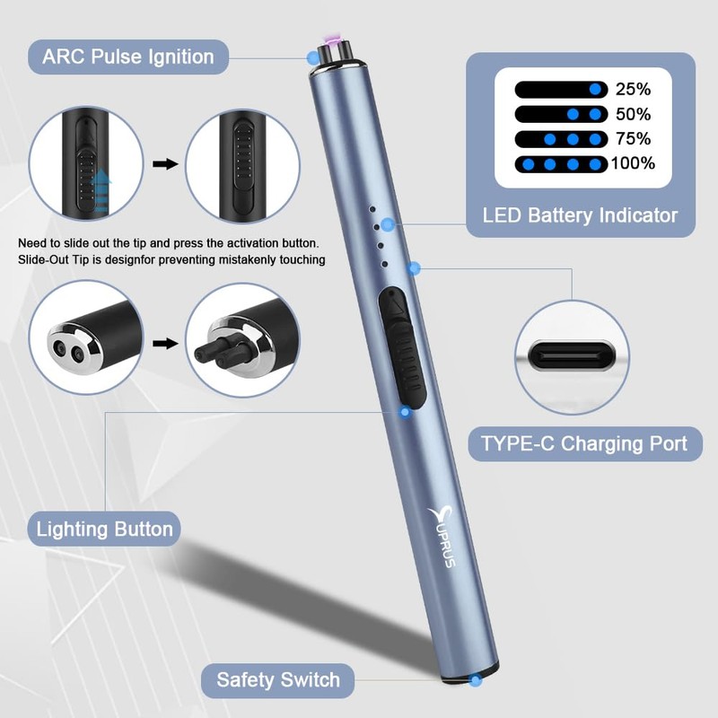SUPRUS Electric Arc Windproof Flameless USB Rechargeable Lighter with Safety