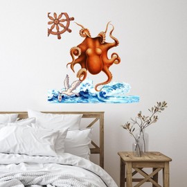 Ocean Beach Nautical Theme Underwater Octopus Laptop Home Decor Wall Decals Stickers Boat Ship Steering Wheel Perching Bird Reusable Home Decals for Backdrops Floor Window Restaurant Trucks Vinyl 28in
