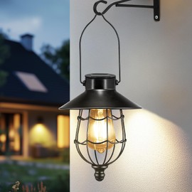 Solar Lanterns Outdoor Hanging Metal Vintage Lantern Warm White Solar Lights lamp Waterproof Edison Bulb Design for Pathway Garden Patio Yard Tree Decoration (Black)