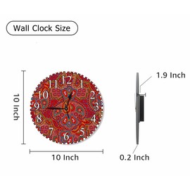 KEEPSUPER Boho Paisley Texture Wall Clock 10 Inch Battery Operated Vector Bright Red Color Clock Silent Non-Ticking Modern Clocks Decorative for Home Kitchen Living Room Bathroom Office