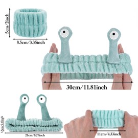 Grevosea 2 Set Face Wash Headband, Snail Spa Headband and Wrist Bands for Washing Face, Cute Animal Skincare Head Band Soft Coral Fleece Makeup Elastic Wash for Washing Shower Beauty Skincare