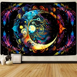 AtawLege Blacklight Tapestry UV Reactive Tapestries Moon Mandala Tapestry Bohemian Tapestries Mysterious Aesthetic Tapestry Boho Tapestry Wall Hanging for Bedroom (51.2 x 59.1 inches)