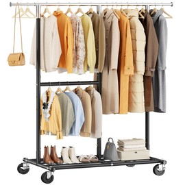 Raybee Heavy Duty Clothes Rack, Adjustable Clothing Rack with Wheels, 455 LBS Static Load Capacity, 69.1" W Rolling Garment Rack for Walk-in Closet, Bedroom, Laundry Room,Commercial Use, Black