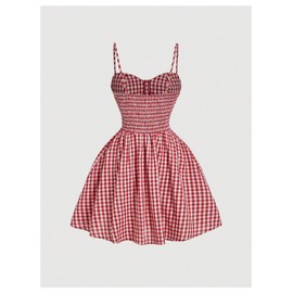 Milumia Women's Plaid Cami Dress Spaghetti Strap Ruffle Hem Button Decor Short Dresses Red and White X-Small