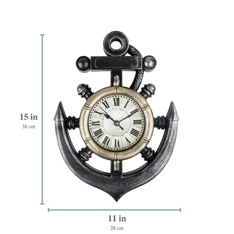 Timely Furnishings Anchor and Boat Wheel Wall Clock, Rustic Nautical