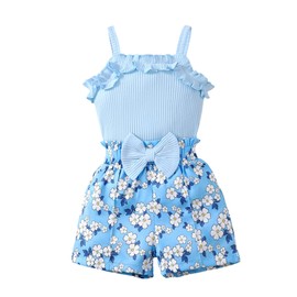 Kucnuzki 12 18 Months Little Girl Clothes Ribbed Tank Top Blue Ruffle Toddler Shirt Halter Cute Tops Floral Baby Girl Shorts Kids Baby Clothes Summer Outfits
