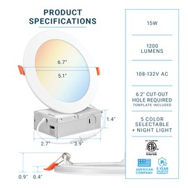 PARMIDA (12 Pack) 6 Inch 5CCT Ultra-Thin LED Recessed Ceiling Light with Night Light, 5 Color Selectable 2700K/3000K/3500K/4000K/5000K, 15W, Dimmable Canless Wafer Slim Panel Downlight, IC Rated, ETL