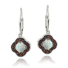 Sterling Silver Garnet & Synthetic White Opal Flower Earrings, Stone Garnet, Garnet