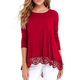RAGEMALL Women's Tops Long Sleeve Lace Trim O-Neck A-Line Tunic Blouse Tops for Women Red S