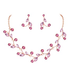 EleQueen Women's Gorgeous Rhinestone Crystal Marquise-cut Pear Shape Floral Necklace Earrings Jewelry Set for Wedding Bridal Party Pink Rose Gold-Tone