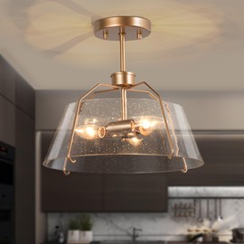 KSANA Semi Flush Mount Ceiling Light, Modern Gold Close to Ceiling Lights with Seeded Glass 3-Light Ceiling Lighting for Bedroom, Kitchen, Hallways