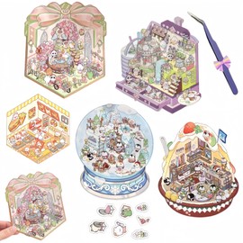 DSNJPZX DIY 3D Sticker Scene 5 Sets of Stickers for Girls Make Your Own Mini Shop Scenes Stickers for Kids Cute Cartoon Animal Stickers for Adult Relief Stress Pass The Time