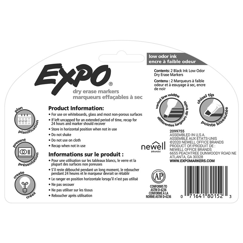 EXPO Low Odor Dry Erase Markers, Chisel Tip, Black, 2