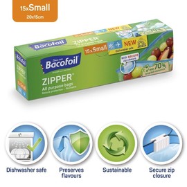 Zipper Bags All-Purpose, 20 Bags (12x Small/1L, 8x Medium/3L), Zip Tight Seal, Bacofoil Dishwasher Safe, Resealable, Tear-Resistant, for Storing, Freezing & Organising
