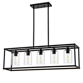 HCCZ 5 Light Dining Room Light Fixture Matte Black Farmhouse Chandelier Over Table Rectangular Kitchen Pendant Lighting Rectangle Modern Industrial Living Room Hanging Lights Adjustable Height