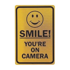 Vintage Metal Tin Sign Smile! You're On Camera With Graphic,Black On Yellow Road Business Sign 12x8 Inches Traffic Tin Painting