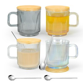 AGH Glass Coffee Mugs Set of 4, 11 oz Glass Cup with Lids and Spoons, Clear Iced Coffee Glasses for Hot/Cold Beverages, Vintage Ribbed Coffee Cup for Latte, Cappuccino