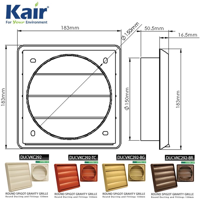 Kair Beige Gravity Grille 183mm External Dimension Ducting Air Vent