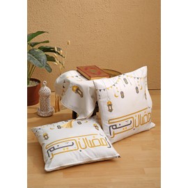 Home Paradise Ramadan Kareem White Printing Velvet Table Runner with 2 Cushions Cover, Handmade “Ramadan Kareem” Dining Table Decoration, Versatile Arabic Calligraphy Dining Set, Unique Islamic Décor