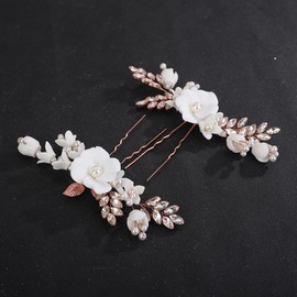 Teyglen Flower Bridal Hair Pins Crystal Pearl Bride Wedding Hair Accessories Floral Flower Rhinestone Hair Piece Decorative White Flower Hair Pins for Women (Rose gold)