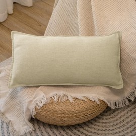 JoraLion Neutral Linen Lumbar Pillow Cover 12 x 24 inch, Oatmeal Trimmed Soild Cushion Cover Boho Farmhouse Pillowcase Outdoor Decor, Pack of 1 (Cover Only), Cream White, LPC0006-001