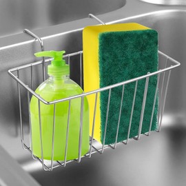 ADERTOS Sink Organiser, Stainless Steel Sink Caddy Organiser, Sink Organiser, Silver Sponge Holder, Organiser, Basket, Kitchen Caddy Holder, Bottom Hole for Kitchen, Sponge, Brush